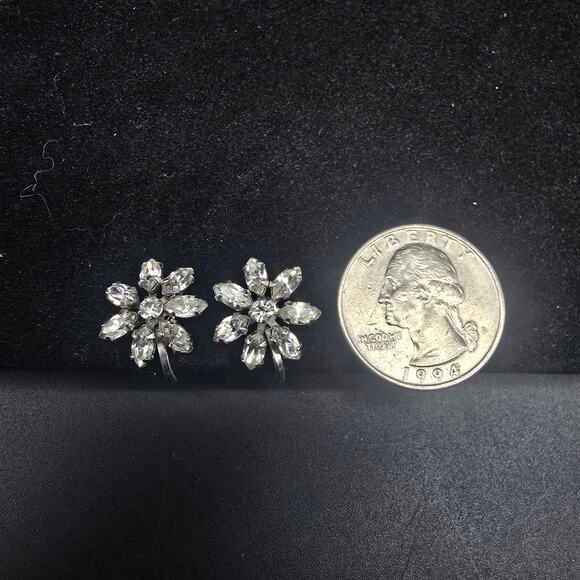 Van Dell Sterling Silver Earrings Rhinestone Flower Screw Back Vintage Jewelry - Picture 2 of 9